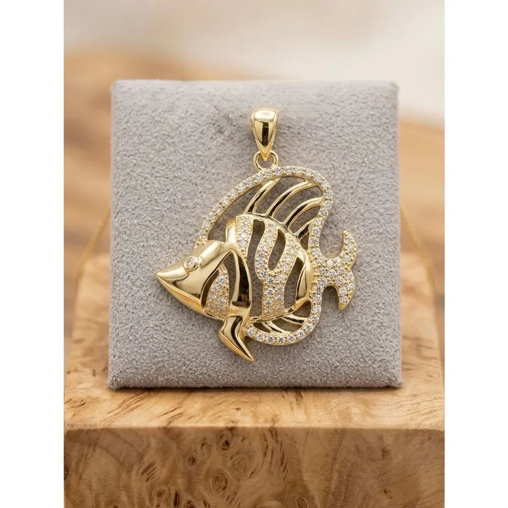 Gold Vermeil Moissanite Angel Fish Necklace Pendant Pave Diamond Cut Sparkle Sea